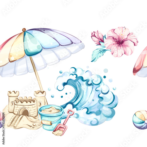 Seamless pattern background wallpaper of summer vacation beach elements featuring umbrellas, waves, sandcastles, and tropical flowers for festive occasions and commercial use
