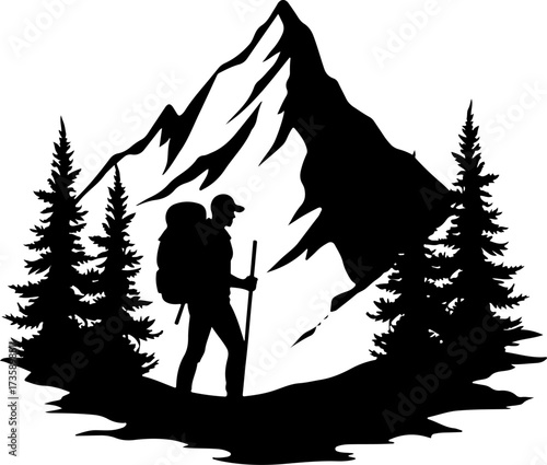 Mountain Hiker  Silhouette Vector Black