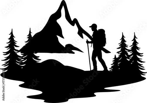 Mountain Hiker  Silhouette Vector Black