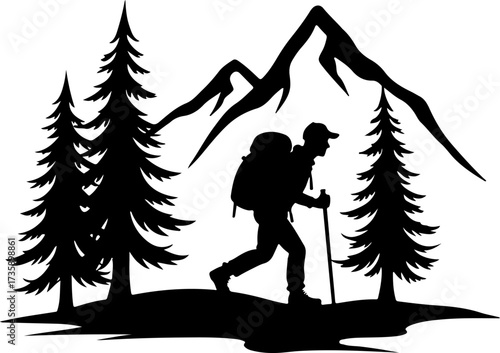 Mountain Hiker  Silhouette Vector Black