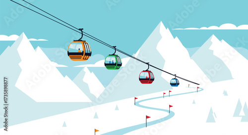 Ski lift cabins travel over a snowy mountain landscape.
