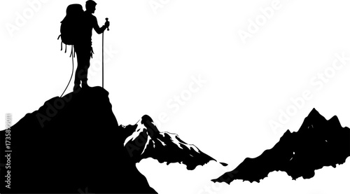 Mountain Hiker  Silhouette Vector Black