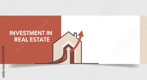 Investment in real estate concept with a house icon and upward growth arrow. Flat vector style banner for business and finance. Property market appreciation graphic with copy space