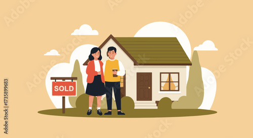 Happy young couple buying a new house with a sold sign. Real estate investment and property ownership concept. Flat vector style illustration