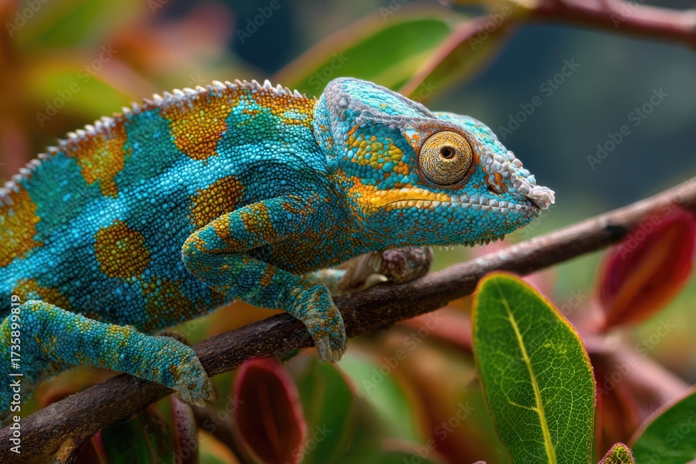 Obraz premium Close-up of a vibrant blue and yellow chameleon on a branch