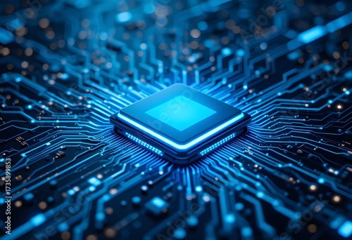 Glowing blue cpu microchip on electronic circuit board symbolizing advanced technology and computing
