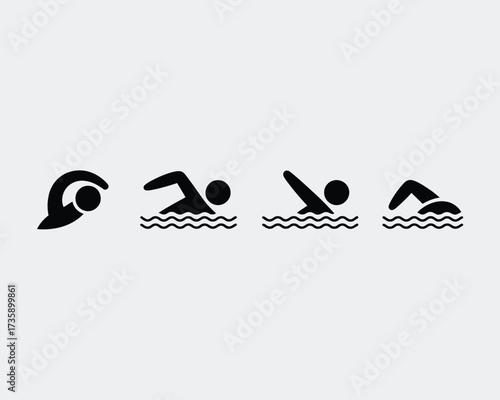 Minimalist vector illustration set four swimming styles scalable eps icon sport silhouette aquatic athlete action silhouette vector illustration white background
