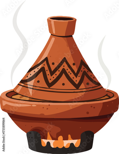 Traditional Moroccan Tagine Pot with Conical Lid and Rising Steam