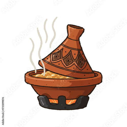 Traditional Moroccan Tagine Pot with Conical Lid and Rising Steam