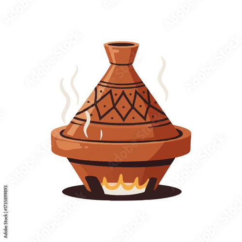 Traditional Moroccan Tagine Pot with Conical Lid and Rising Steam