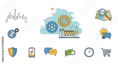 Collection of icons representing business, technology, and industry concepts