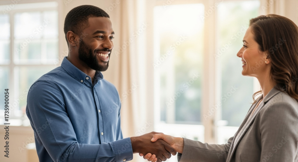 Obraz premium African American man shaking hands with a female real estate agent. Successful home buying and property investment deal. Business agreement and client partnership