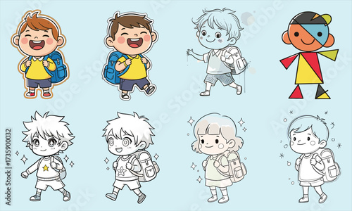 Cartoon school kids with backpacks, cute children vector, back to school illustration, happy students drawing, colorful character design