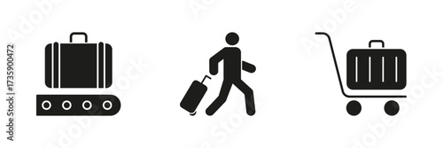 Luggage And Travel Icons Solid Icon Set. Airport Baggage Handling, Traveler Movement, And Luggage Cart Silhouette Symbol Collection. Travel And Transportation Concepts. Isolated Vector Illustration