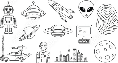 Black and white line art illustration of futuristic robots, aliens, spaceships, rockets, planets, and sci-fi city buildings