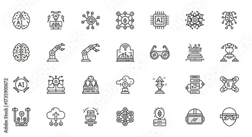Collection of artificial intelligence and technology icons isolated on white background