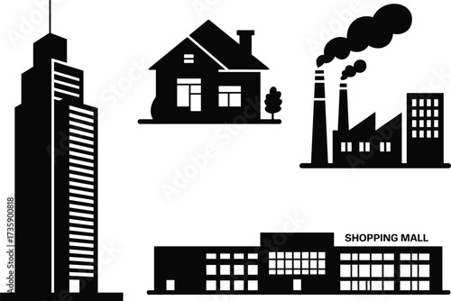 Black and white silhouette illustration of skyscraper, house, shopping mall, and industrial factory with smoke chimneys in minimalist style