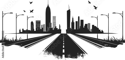 Black and white minimalist cityscape with modern skyscrapers, street lamps, highway road perspective, flying birds and urban skyline silhouette