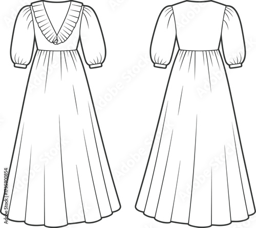 CAD drawing flat vector dress, fashion flat sketch, long gown with puff sleeves and V-neck, technical garment illustration, apparel template