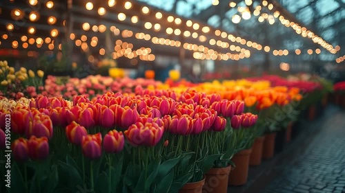 Vibrant Tulips in a Greenhouse Under Warm Lights.