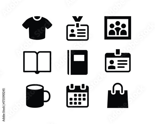 Collection of 9 scalable vector icons eps set featuring t-shirt id badge photo frame book calendar mug shopping bag silhouette vector illustration white background