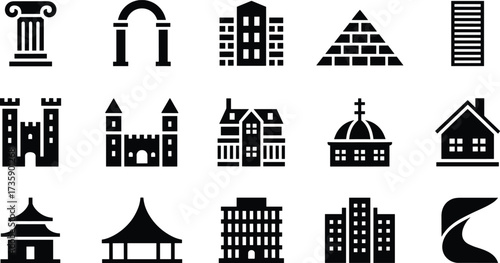 Set of fifteen black and white architectural icons including columns, castles, domes, houses, pyramids, skyscrapers, temples, and buildings