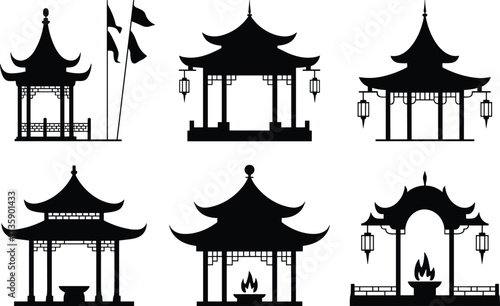 Set of six traditional Asian pagoda pavilion silhouettes with lanterns and decorative roofs in black and white minimalist style