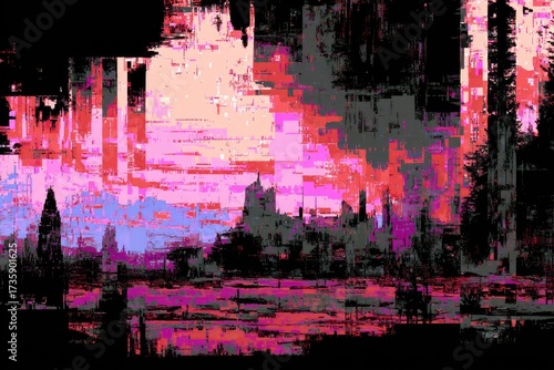 Digital glitch landscape, vibrant hues, pixelated city