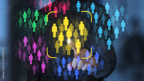 Target market and audience analysis. Marketing segmentation strategy. Marketer touching many customer icons.