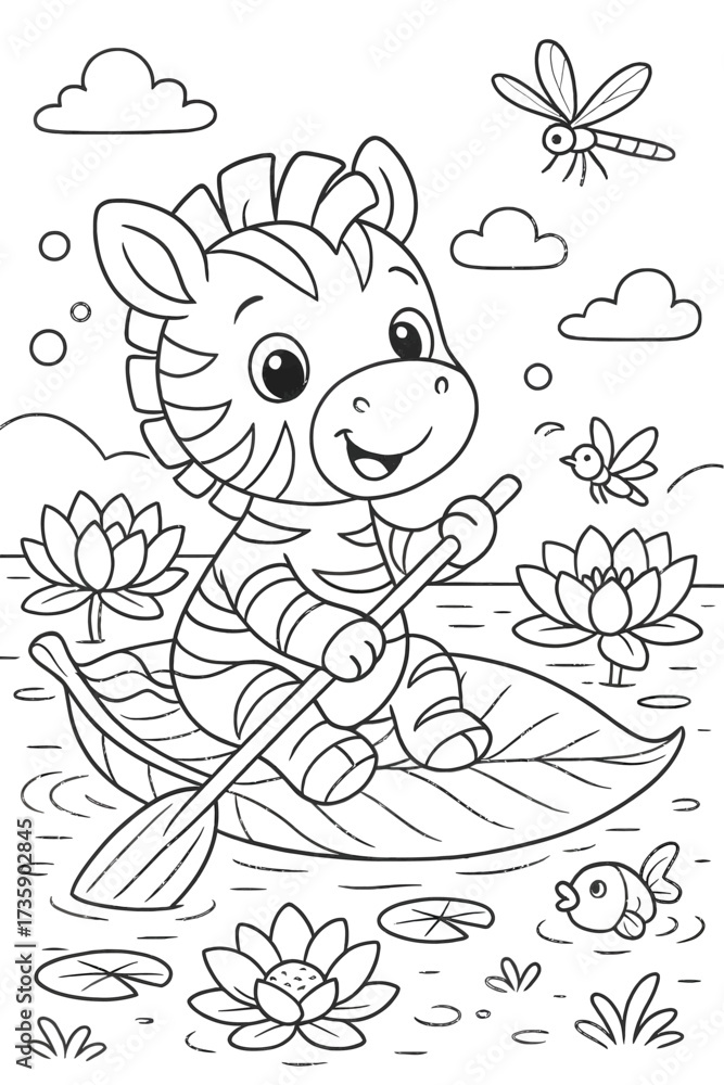 Fototapeta premium Adorable zebra rowing a leaf boat in a serene pond coloring page