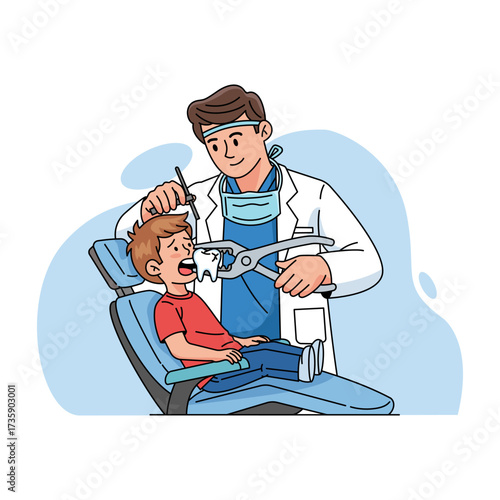 Professional male dentist extracting a tooth from a young boy patient who looks nervous, illustrating dental care, tooth extraction procedure, and pediatric dentistry concepts.