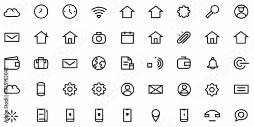 Minimalist black outline vector icon set of digital interface elements including buttons, sliders, toggles, checkboxes, dropdowns, and navigation icons in clean modern style.