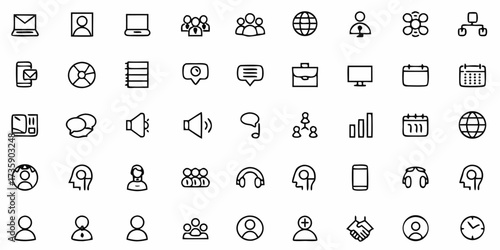 Vector collection of outline icons representing communication networking and business related symbols and concepts design