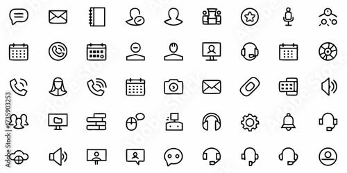 Minimalist outlined office communication icons featuring email, chat bubble, phone, video call, and paper plane in clean thin-line vector style.