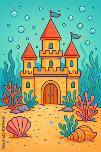 Cartoon underwater castle with sea life and bubbles illustration art