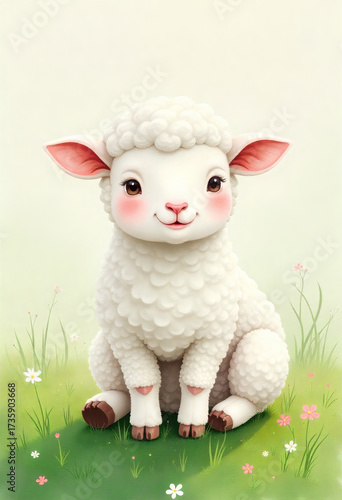 Cartoon Baby Lamb Sitting In A Grassy Field