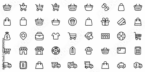 Vector collection of various shopping related icons including carts bags and store fronts displayed in a grid