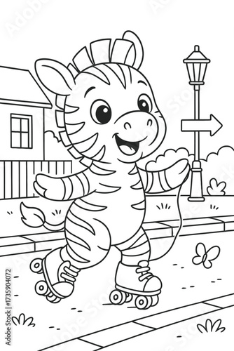 Cartoon zebra roller skating in a neighborhood with a street light scene