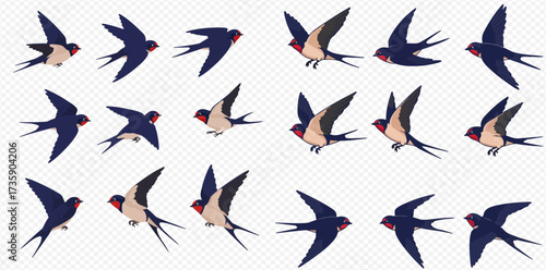 A collection of swallows in various flying poses, showcasing their distinctive forked tails and dark plumage.