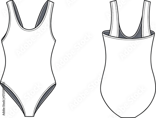 CAD drawing flat vector illustration of swimsuit, one piece swimwear front and back view, fashion sketch, garment template