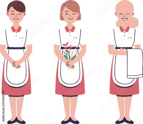 Hospitality staff vector set with maid uniforms, apron, towel, flower bouquet, service roles, cartoon characters, professional attire, smiling employees