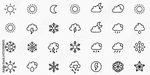 Vector illustration of various weather icons including sun, moon, clouds, snowflakes, rain, lightning and star