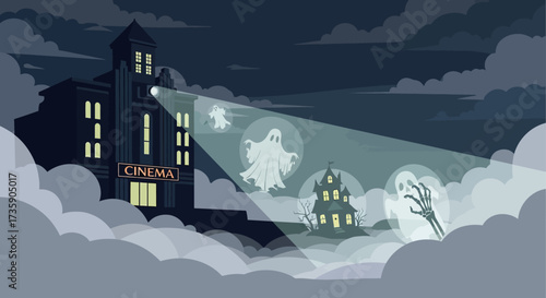 a classic cinema projects ghostly apparitions and a haunted house into the foggy night creating a chilling halloween movie night atmosphere.