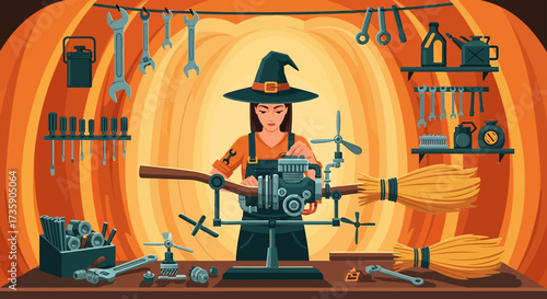 a diligent witch mechanic assembling an enchanted flying broomstick engine with tools in her magical workshop illustrating fantasy engineering concepts.