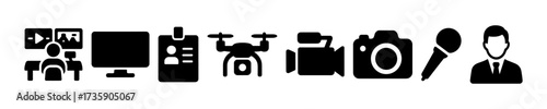 Live broadcasting news items for streamer vector filled icon set