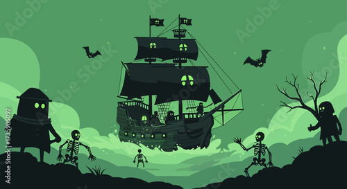 a ghost pirate ship with skeletons and monsters navigating eerie green fog under a dark night sky a spooky halloween fantasy.