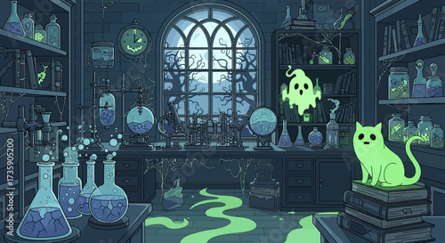 a glowing green cat and a friendly ghost in a spooky chemistry lab with bubbling potions and a gothic window perfect for halloween.