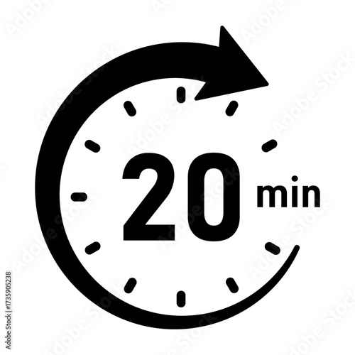 20 Minute stopwatch or timer icon. 20 Minutes clock face countdown