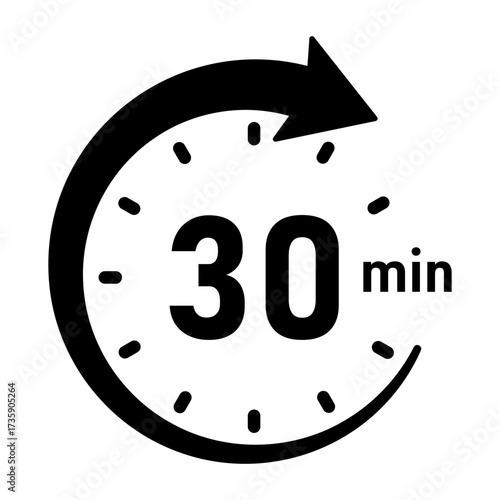 30 Minute stopwatch or timer icon. 30 Minutes clock face countdown