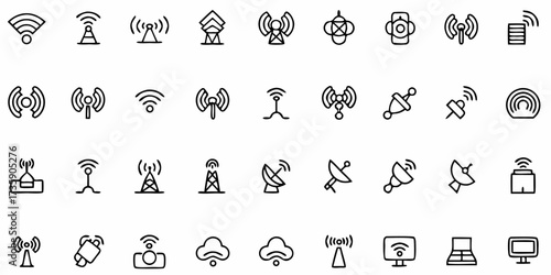 Vector illustration of internet and network icons in minimalist outline style featuring globe, WiFi, cloud, server, and connection symbols in clean thin-line design.